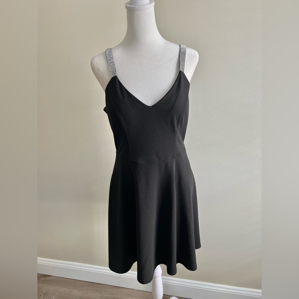 Black Cocktail Going Out Dress with Rhinestone Straps Medium